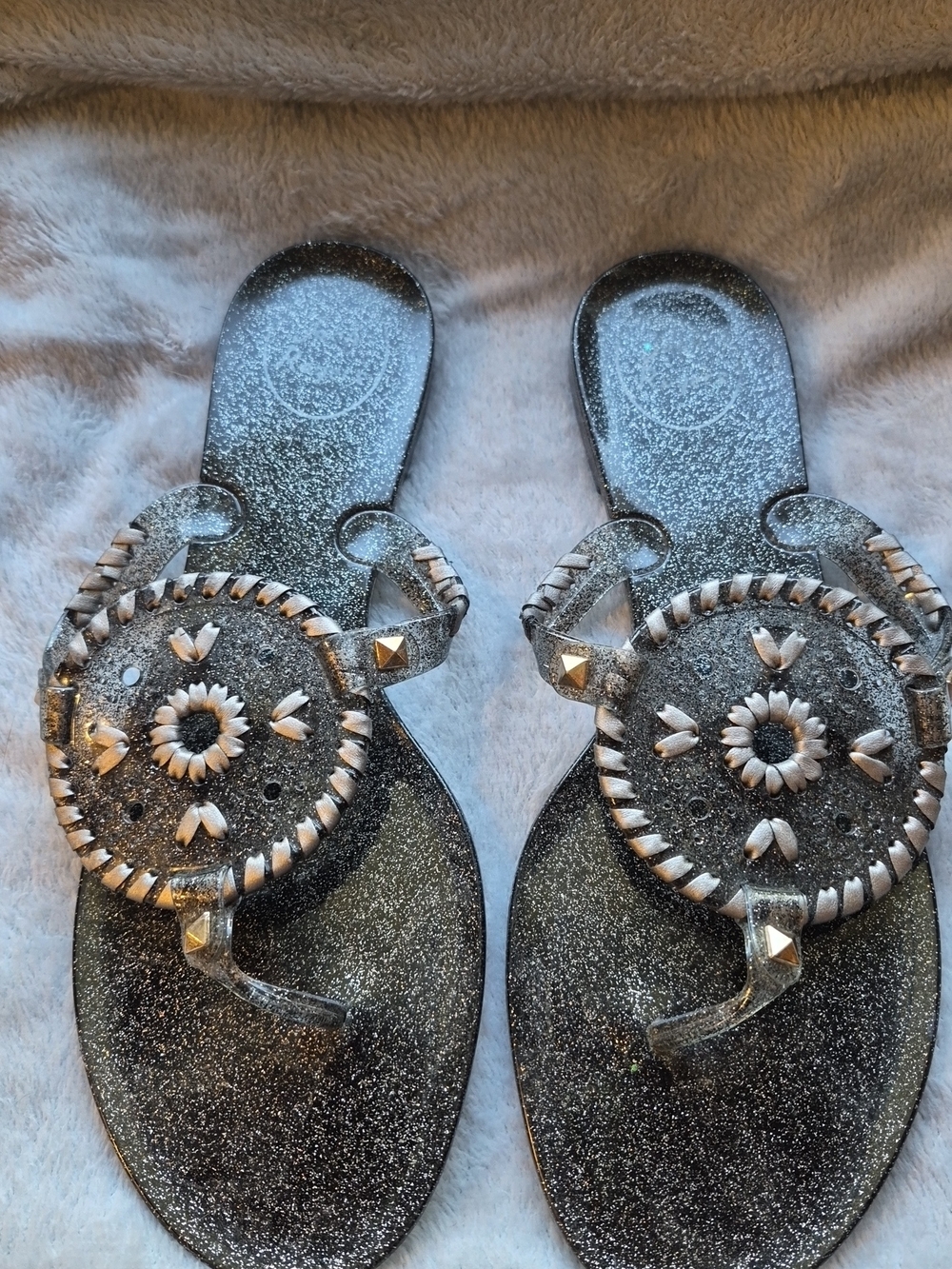 Jack Rogers Silver Glitter Jelly Sandals with Embellished Medallion